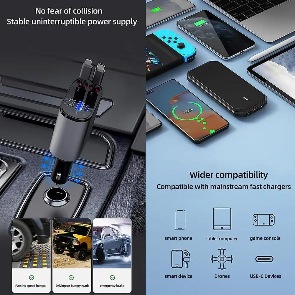 4-in-1 Car Charger: USB-C, iPhone, Samsung Fast Charge Cord, Lighter Adapter