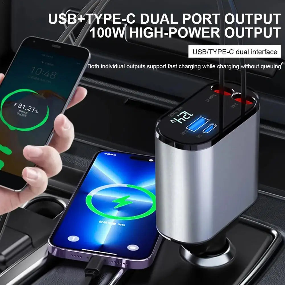 4-in-1 Car Charger: USB-C, iPhone, Samsung Fast Charge Cord, Lighter Adapter